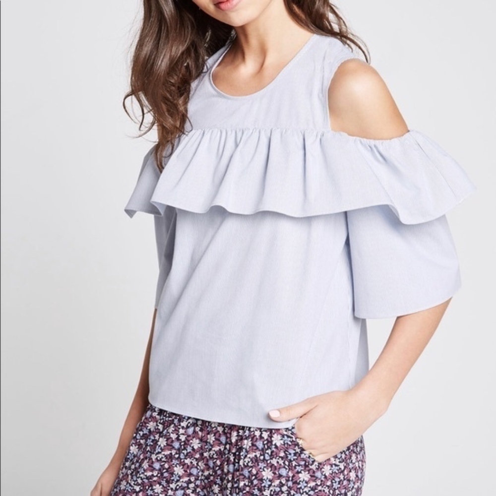 BCBGeneration Ruffles Striped Cold Shoulder Top